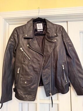 Zoe Karssen Black Leather Moto Jacket with Star Studs